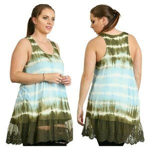 XL ONLY  Umgee tie dye lace trim tunic tank green blue